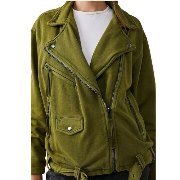 Free People Rebel Knit Green Moto Jacket SZ S NEW Oversized Slouchy Baggy Cotton - Picture 3 of 13